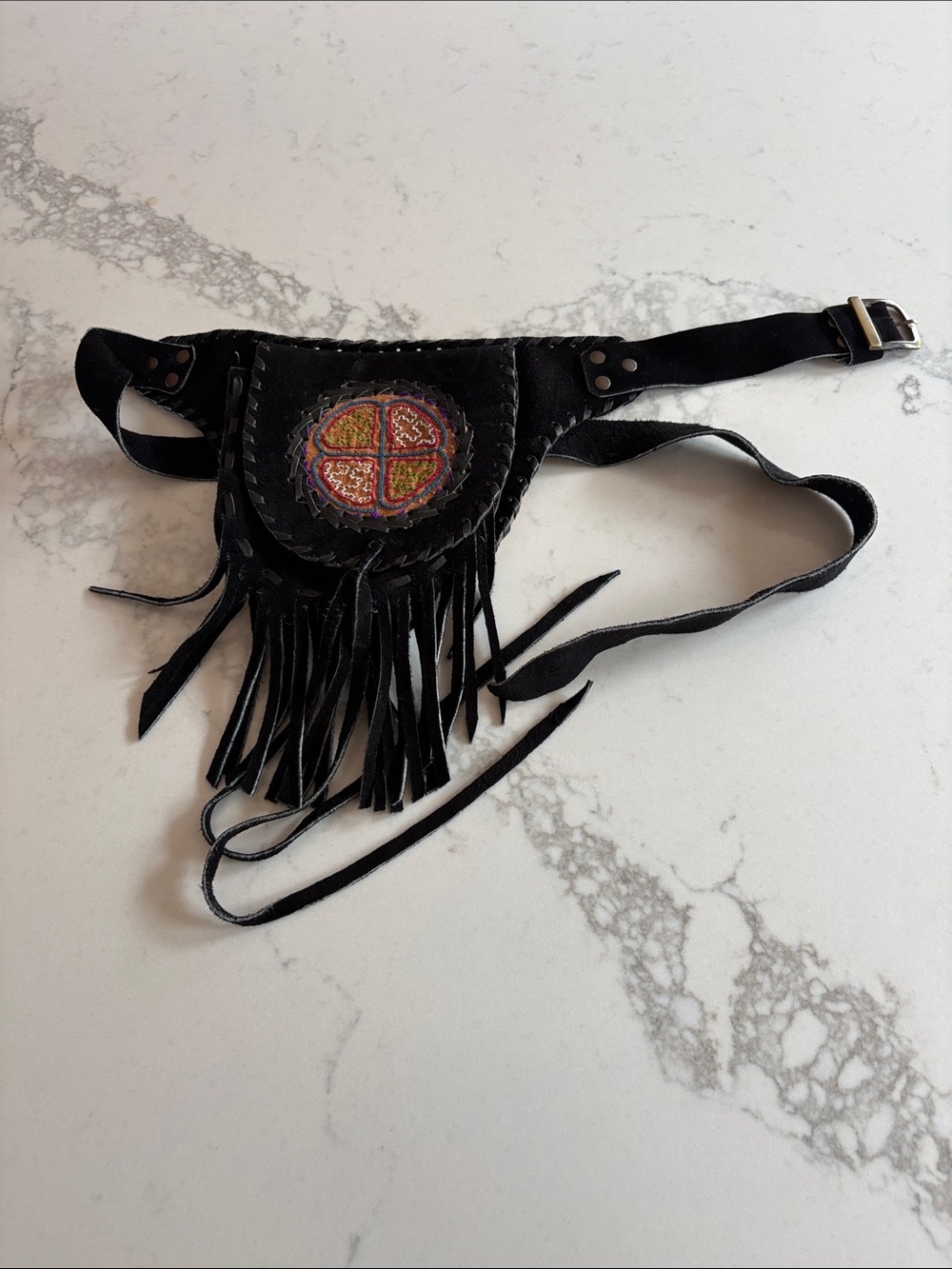 Black Leather Fringe Waist Bag with Embroidered Accent